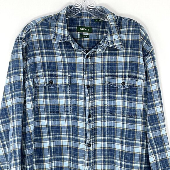 Orvis Shirt Men Large Blue Plaid Button Up 100% Cotton Long Sleeve Active Fit - Picture 4 of 15